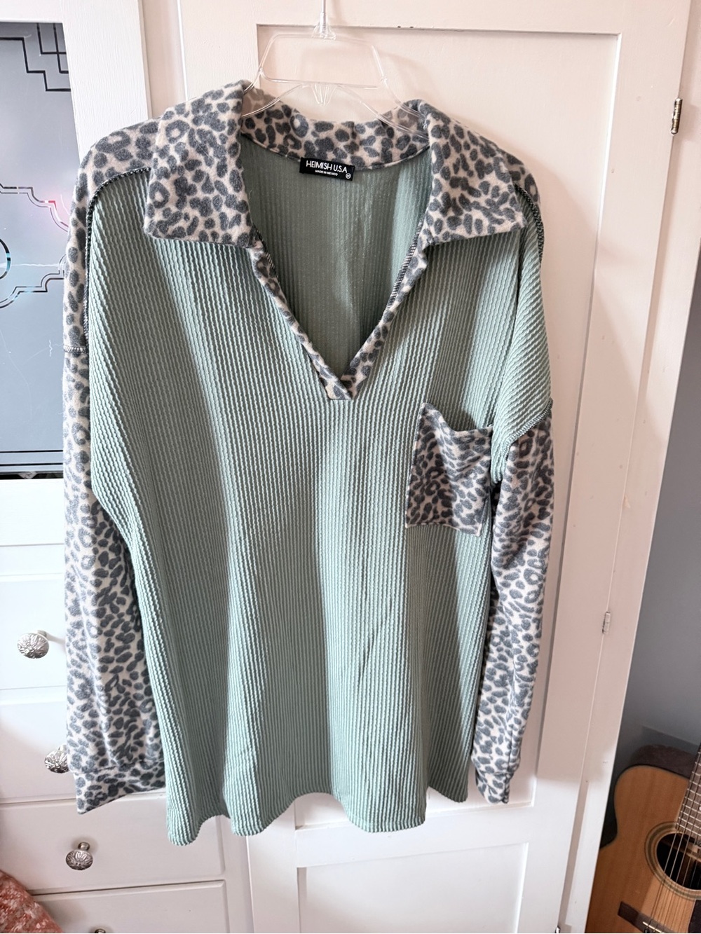Hemish Sage V-Neck Sweater with Leopard Trim